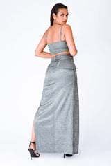Cuba Black Silver Metallic Glitter Crop Top Thigh Slit Skirt Two Piece Co ord Set