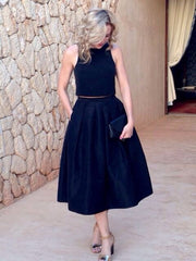 Ferne Black Brushed Satin Midi Skirt