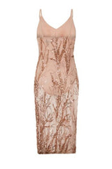 Candice Luxe Tree Rose Gold Nude Sequin Leaf Sheer Bodysuit Midi Dress