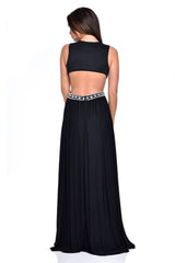 Laila Black Cut-Out Waist Pearl Encrusted Grecian Goddess Maxi Dress