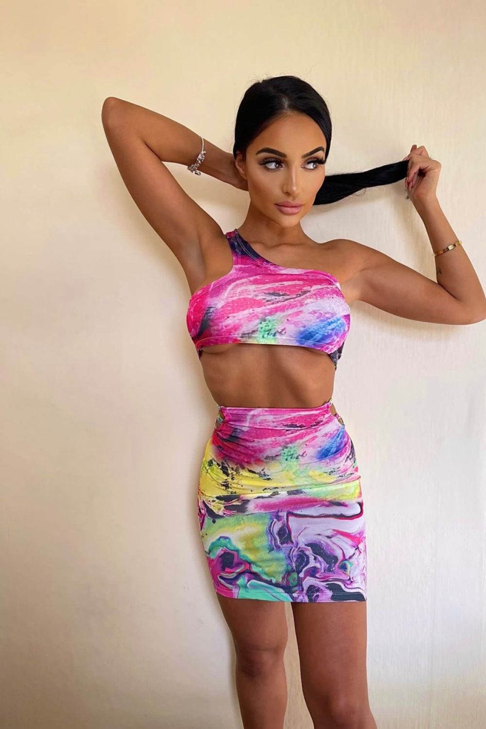 Lock You Down Neon Pink Multi Coloured Marble Lace Up Two Piece Co-ord Set