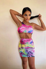 Lock You Down Neon Pink Multi Coloured Marble Lace Up Two Piece Co-ord Set