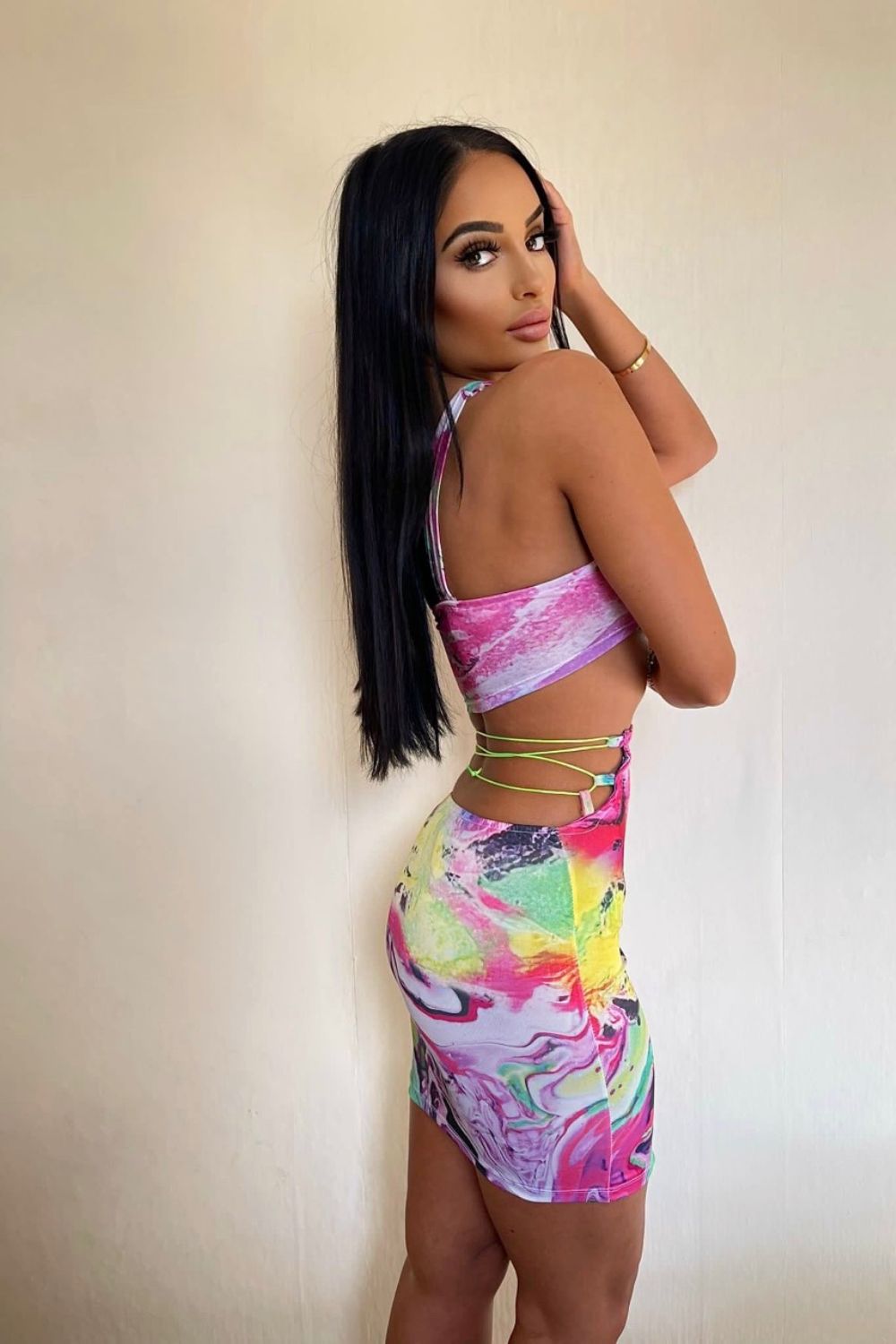 Lock You Down Neon Pink Multi Coloured Marble Lace Up Two Piece Co-ord Set