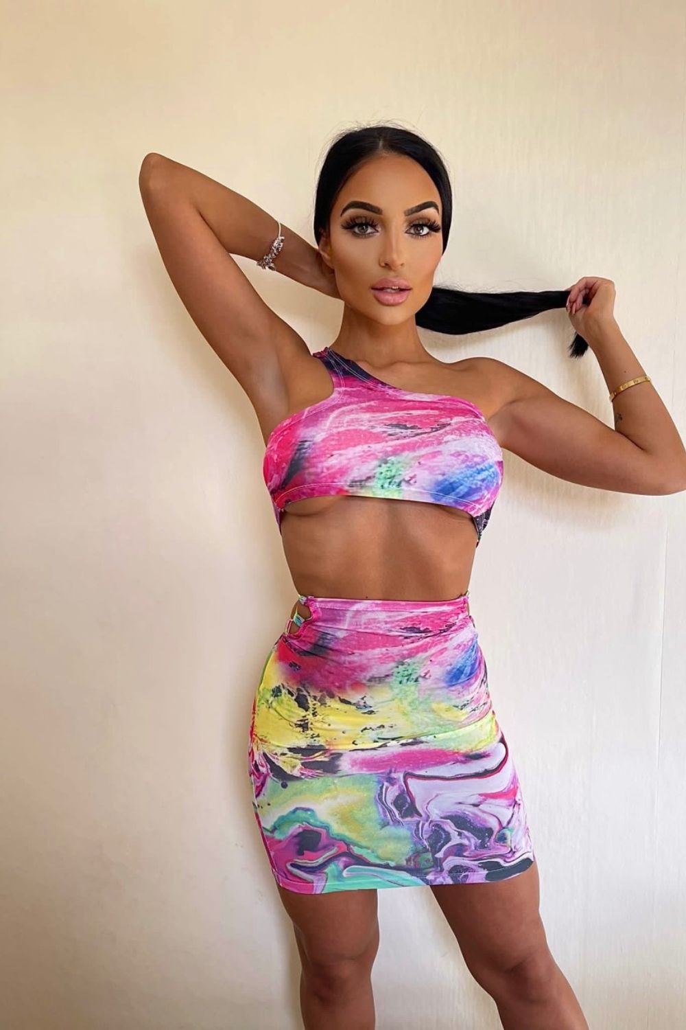 Lock You Down Neon Pink Multi Coloured Marble Lace Up Two Piece Co-ord Set