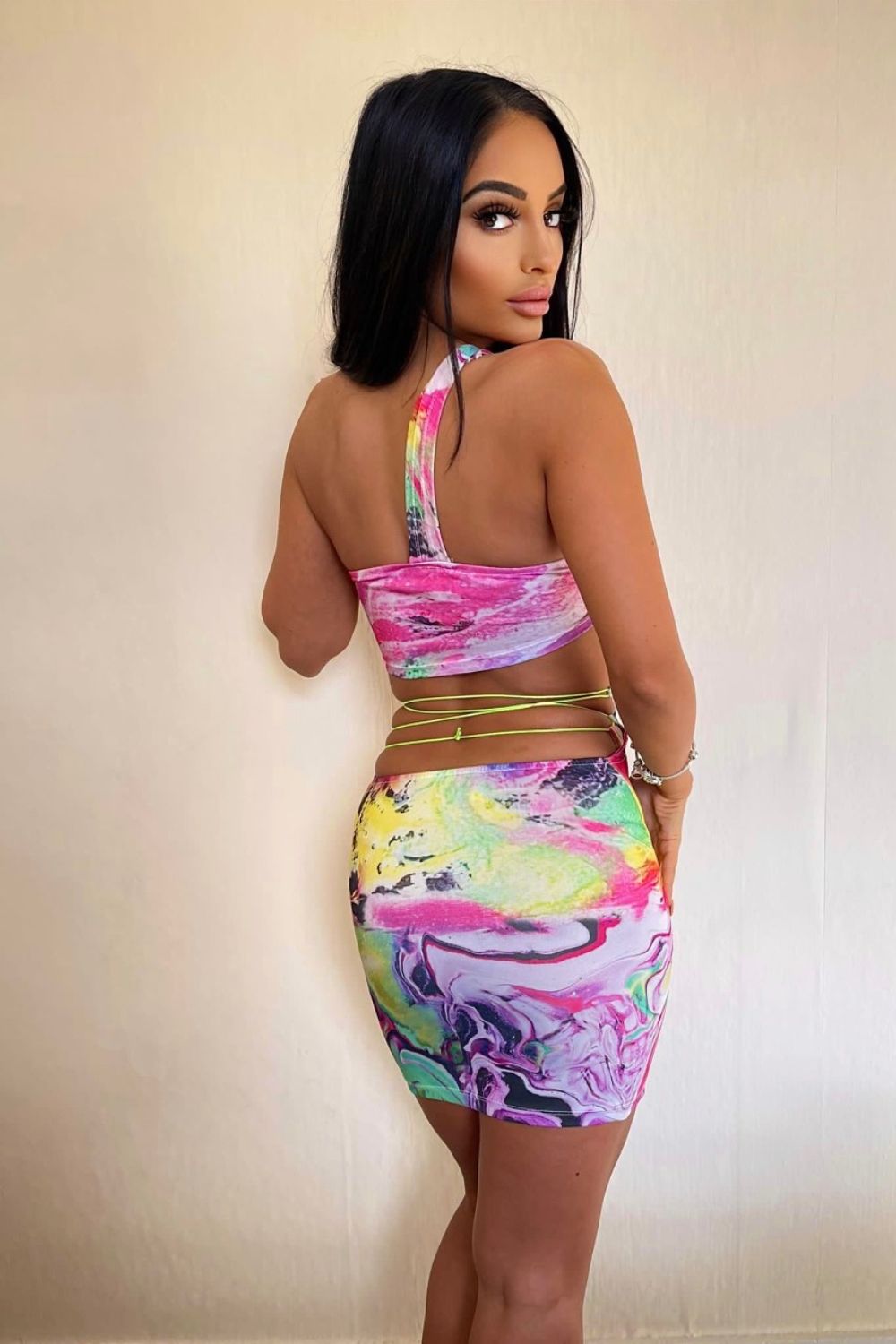 Lock You Down Neon Pink Multi Coloured Marble Lace Up Two Piece Co-ord Set