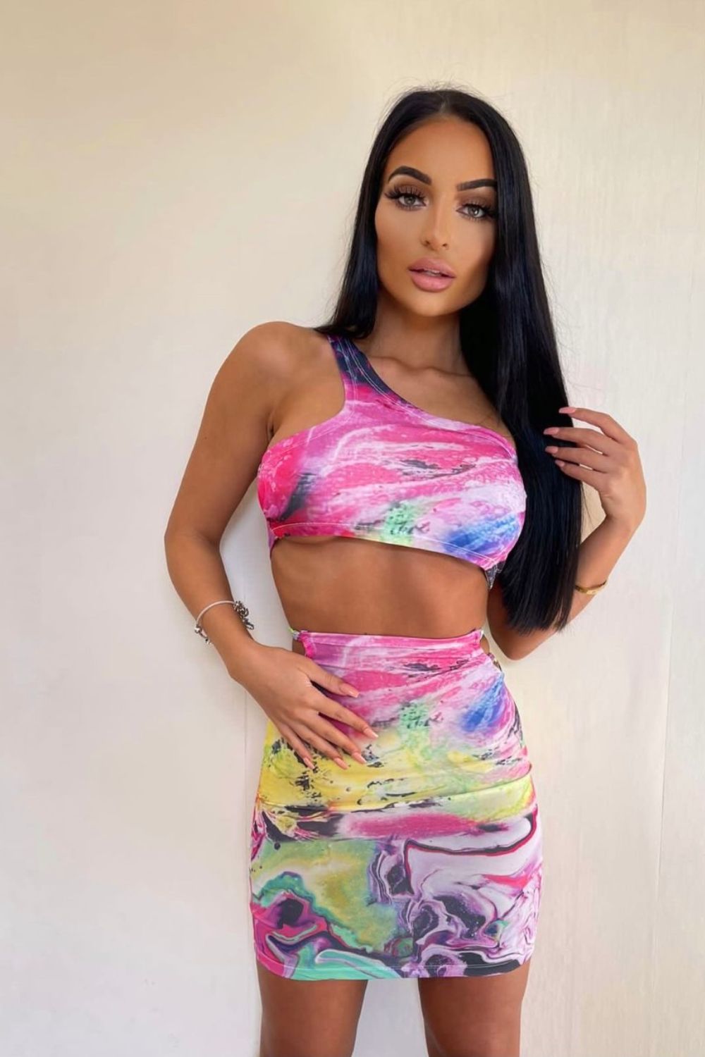 Lock You Down Neon Pink Multi Coloured Marble Lace Up Two Piece Co-ord Set