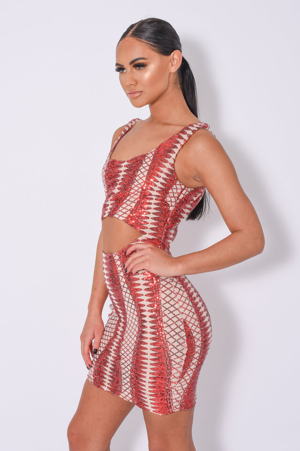 Till Midnight Red Cut Out Sequin Bandage Cage Bodycon Dress