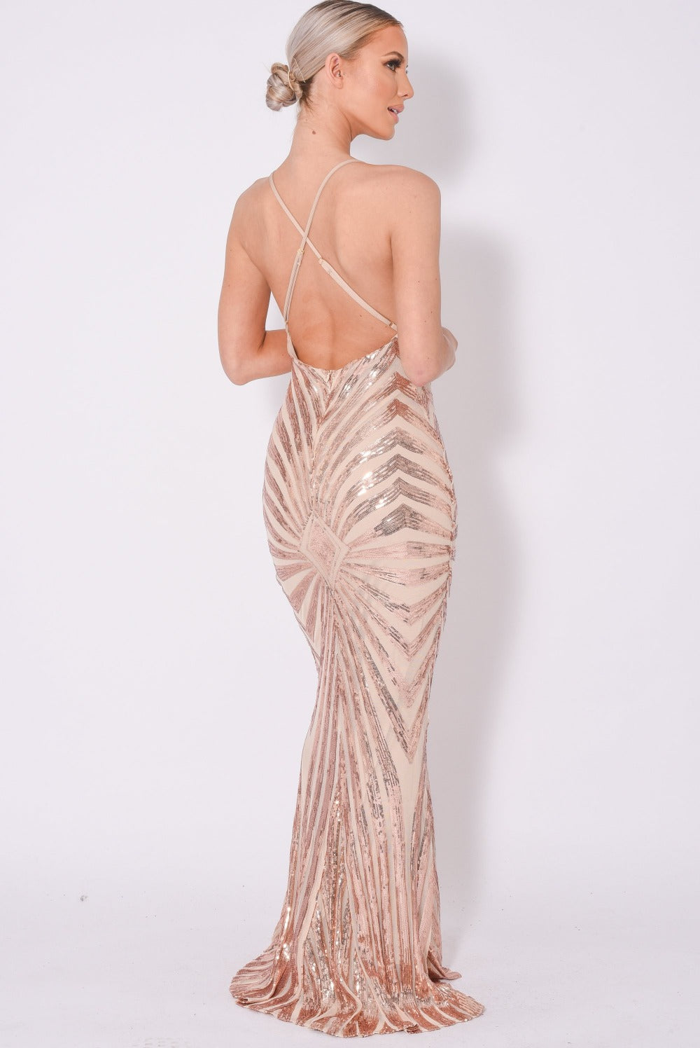 Timeless Rose Gold Plunge Sequin Hourglass Illusion Mermaid Maxi Dress