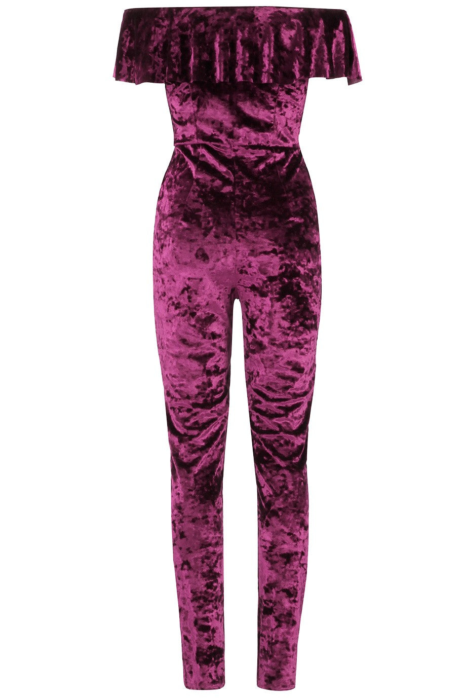 Veronica Plum Crushed Velvet Bardot Frill Jumpsuit