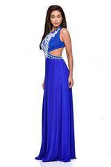 Laila Blue Cut-Out Waist Pearl Encrusted Grecian Goddess Maxi Dress